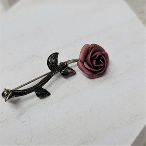 Delicate Sterling Silver Red Rose Pin Brooch Marked 925 Vintage